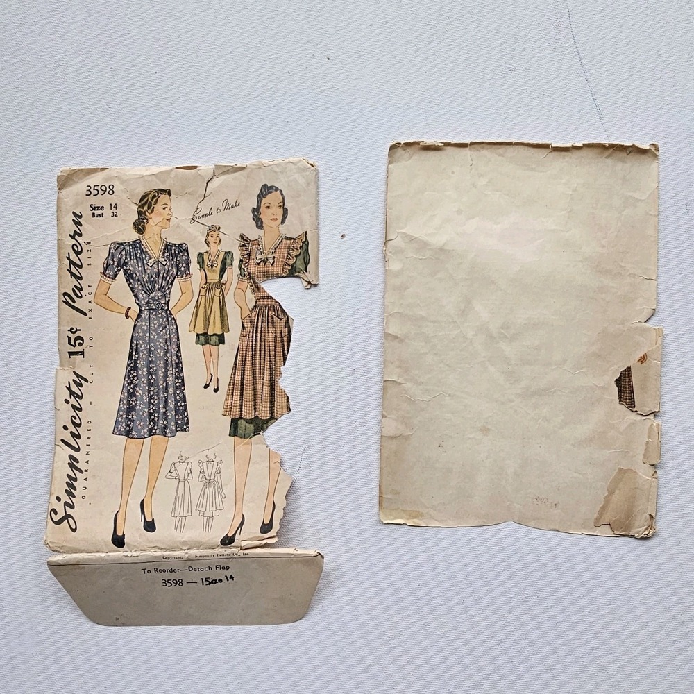 1940s Vintage 32" Bust Simplicity 3598 Sunburst Dress Apron WW2 Sewing Pattern - Picture 6 of 6